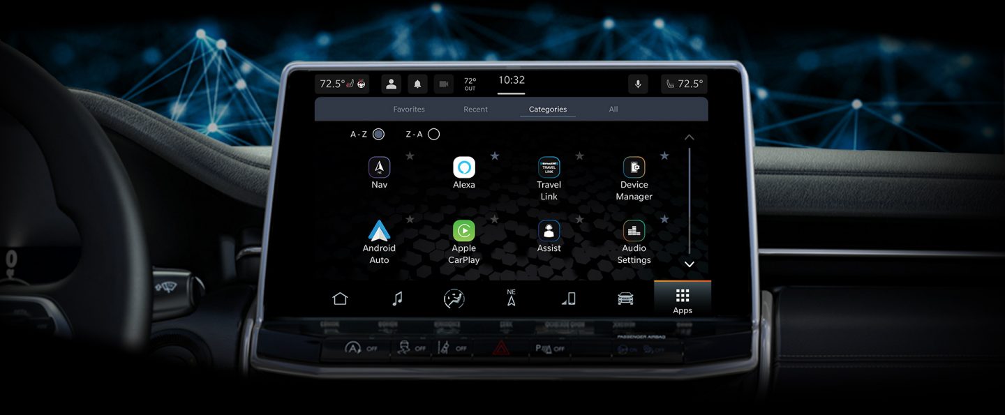 The Uconnect touchscreen in the Jeep Compass displaying the Categories screen.